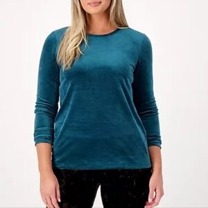 Oscar De La Renta Women's Teal Long Sleeve Velour Sleepwear Top XL